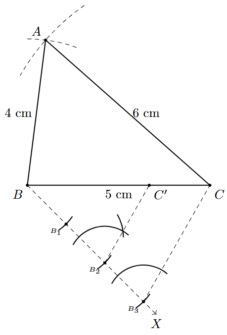Step 5: A line parallel to CB3 is drawn from B2, intersecting BC at C'.